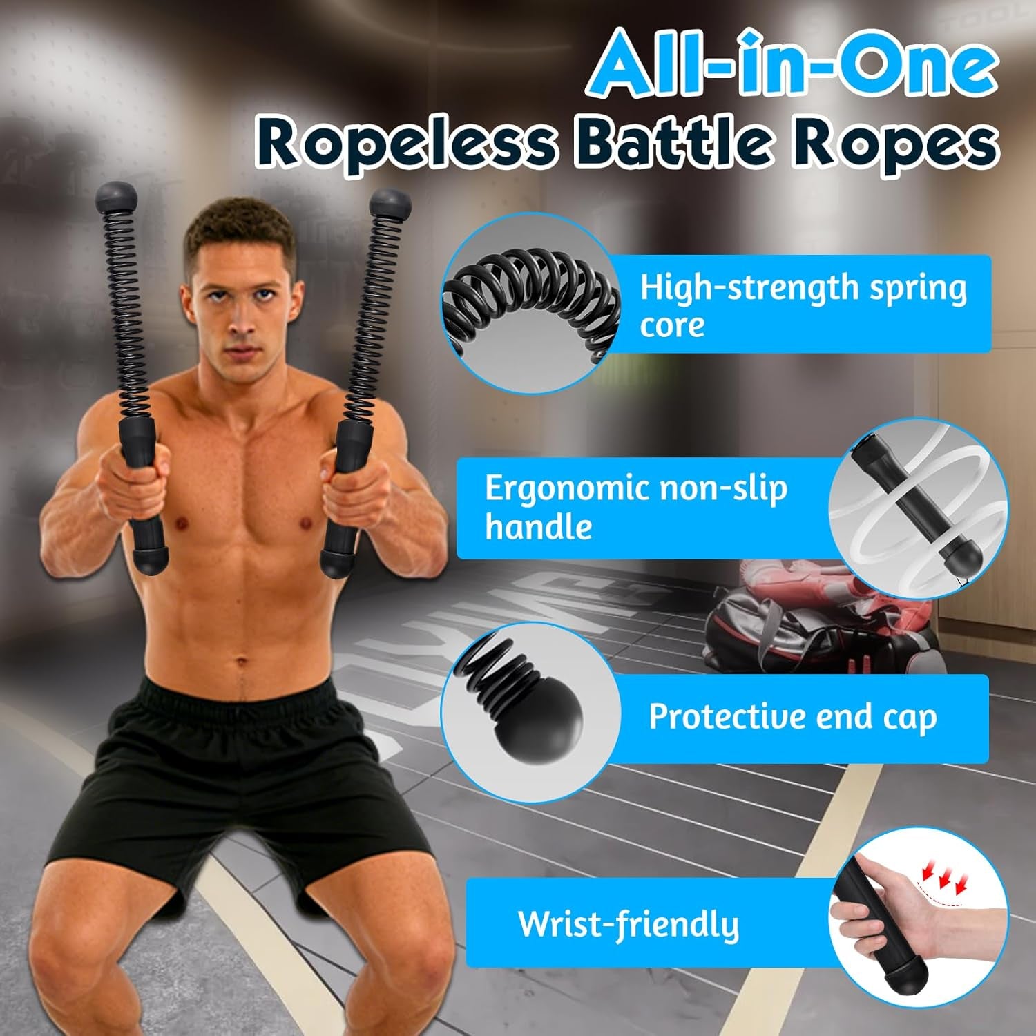 New Upgrade Ropeless Battle Ropes for Home Gym, 2 PCS Portable Quiet Cordless Battle Ropes for Women Men, Weighted Strength Training Gym Equipment for Arms, Core, Butt, Back, Legs (Black)