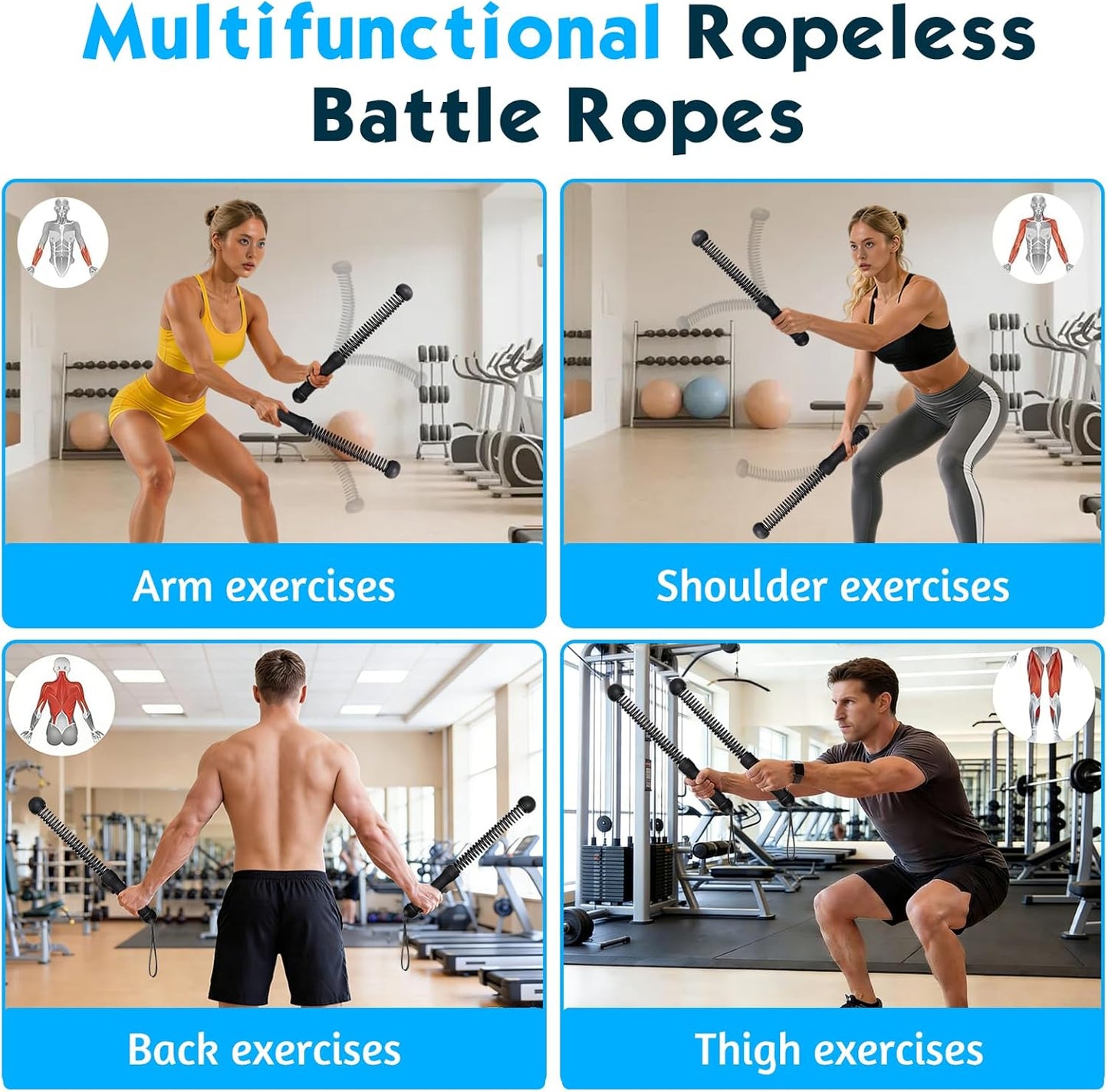 New Upgrade Ropeless Battle Ropes for Home Gym, 2 PCS Portable Quiet Cordless Battle Ropes for Women Men, Weighted Strength Training Gym Equipment for Arms, Core, Butt, Back, Legs (Black)